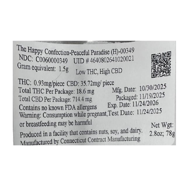 The Happy Confection - Peaceful Paradise (H) Gummies (0.93mg THC 35.72mg CBD 20pk) C0060000349 - Image 2