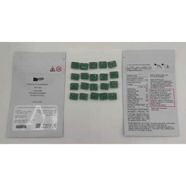 inc.edibles - Sour Blue Razzberry (H) Gummies (4.6mg THC 5.1mg CBG 20pk) C0010001773 - Image 2