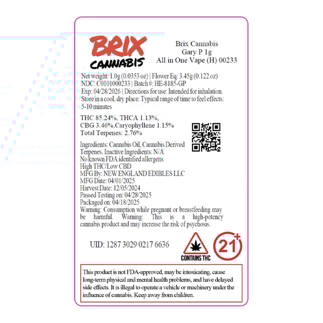 BRIX Cannabis - Gary P (H) AIO Disposable Vape (1g) C0101000233 - Image 2