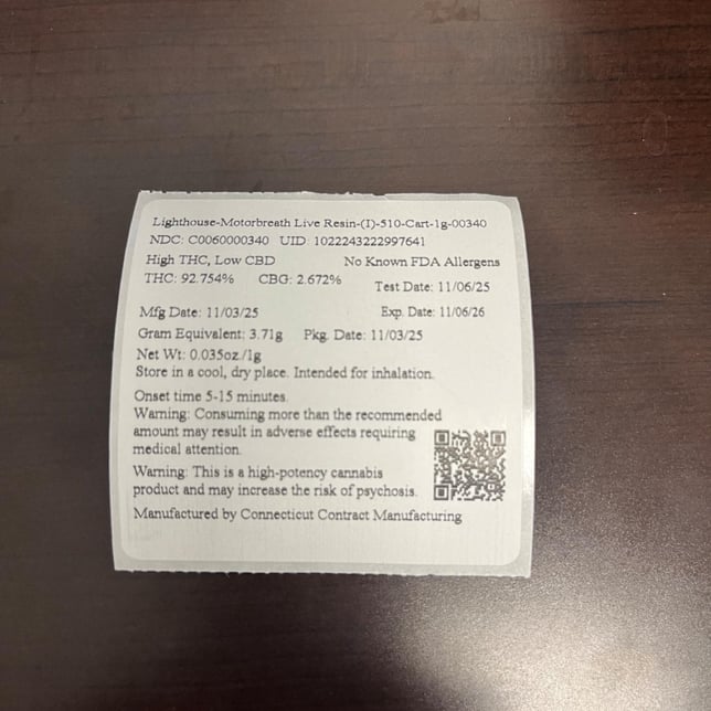 Lighthouse  Motorbreath (I) Live Resin Vape Cartridge  C0060000340 - Image 2