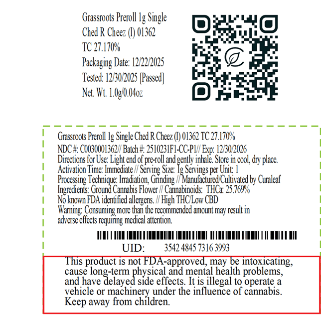 Grassroots - Ched R Cheez (I) 1g Pre-Roll 1pk (1g) C0030001362 - Image 2