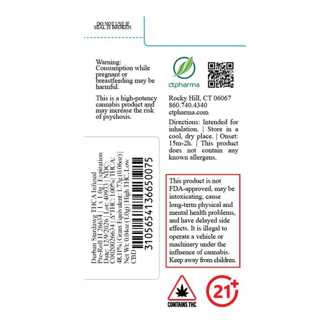 CTPharma - Durban Stardawg (H) THCA Infused Pre-Roll 1pk (1g) C0020026634 - Image 2