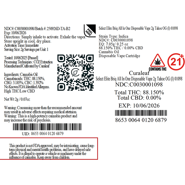 Select - Tahoe OG (I) BRIQ Disposable Vape (2g) C0030001098 - Image 5