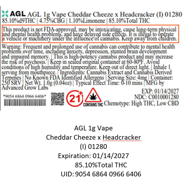 AGL Cheddar Cheeze x Headcracker (I) Vape Cartridge C0010001280 - Image 3 AGL Cheddar Cheeze x Headcracker (I) Vape Cartridge C0010001280 - Image 3