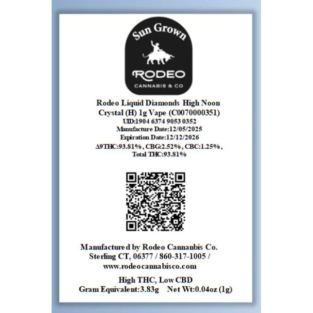 Rodeo Cannabis  High Noon Crystal (H) Liquid Diamonds Vape Cartridge  C0070000351 - Image 2