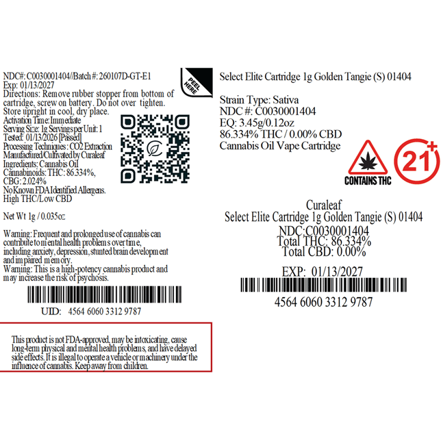 Select  Golden Tangie (S) Elite Vape Cartridge  C0030001404 - Image 3