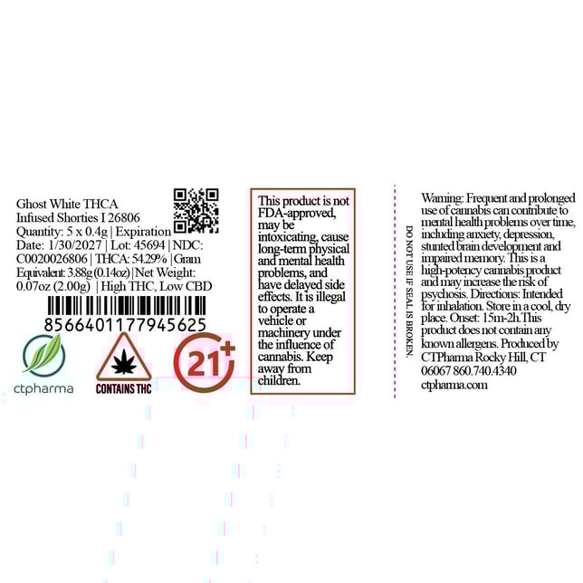 CTPharma - Ghost White (I) THCA Infused Shorties 5pk (2g) C0020026806 - Image 2