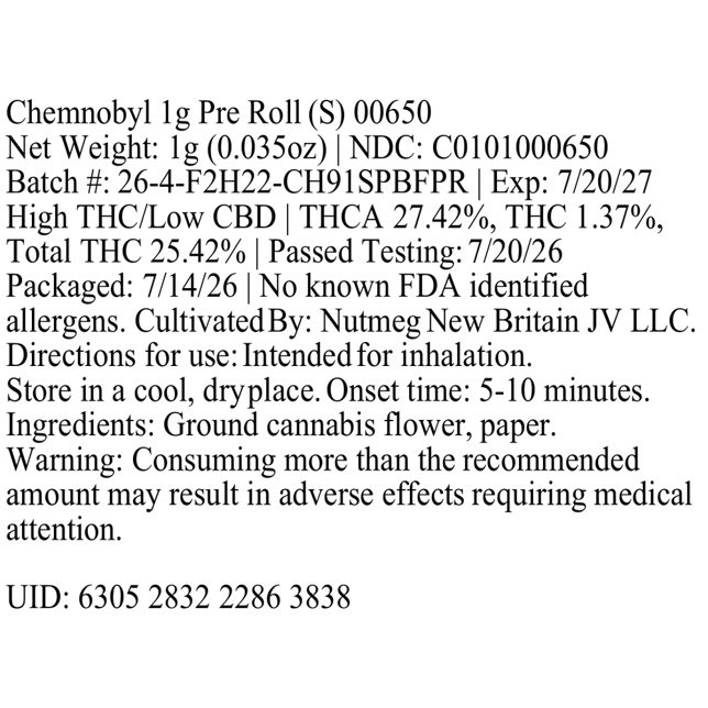 Chemdog - Chemnobyl (S) 1g Pre-Roll 1pk (1g) C0101000650 - Image 3