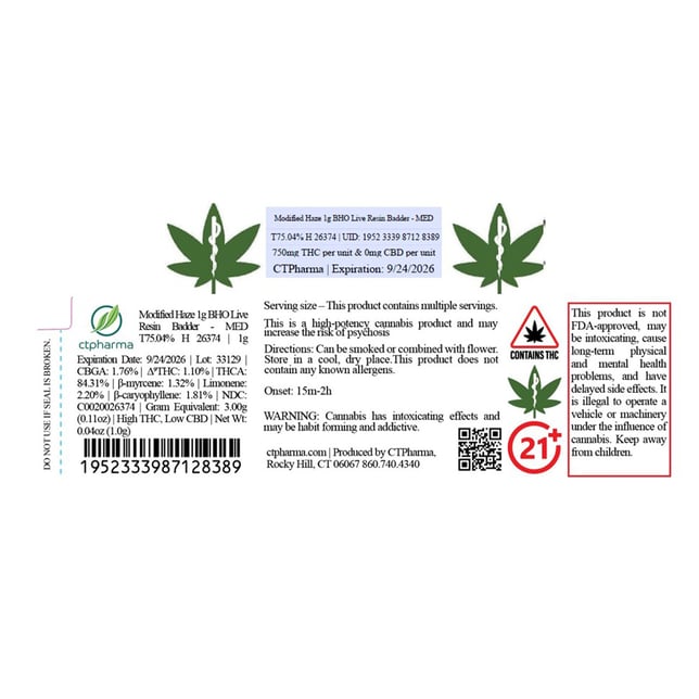 CTPharma  Modified Haze (H) BHO Live Resin Badder  C0020026374 - Image 2