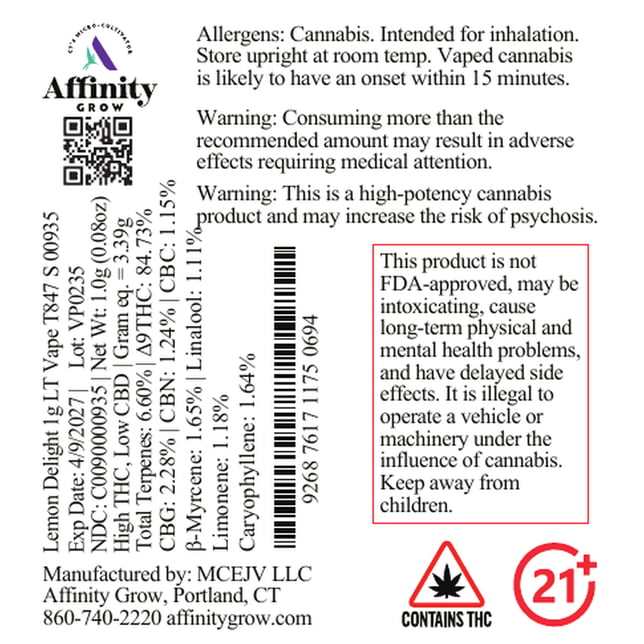 Affinity Grow Lemon Delight (S) LT Vape Cartridge C0090000935 - Image 2 Affinity Grow Lemon Delight (S) LT Vape Cartridge C0090000935 - Image 2