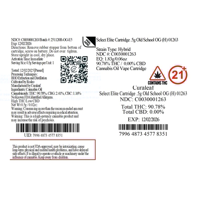 Select Old School OG (H) Elite Vape Cartridge C0030001263 - Image 3 Select Old School OG (H) Elite Vape Cartridge C0030001263 - Image 3