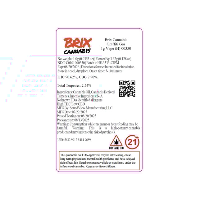 BRIX Cannabis Graffiti Gas (H) Vape Cartridge C0101000350 - Image 3 BRIX Cannabis Graffiti Gas (H) Vape Cartridge C0101000350 - Image 3