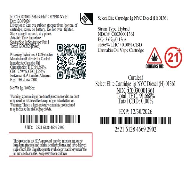 Select  NYC Diesel (H) Elite Vape Cartridge  C0030001361 - Image 3