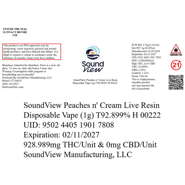 SoundView - Peaches n' Cream (H) Live Resin Disposable Vape (1g) C0080000222 - Image 2