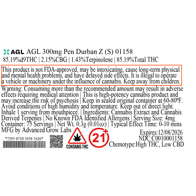 AGL - Durban Z (S) Disposable Vape (0.3g) C0010001158 - Image 3