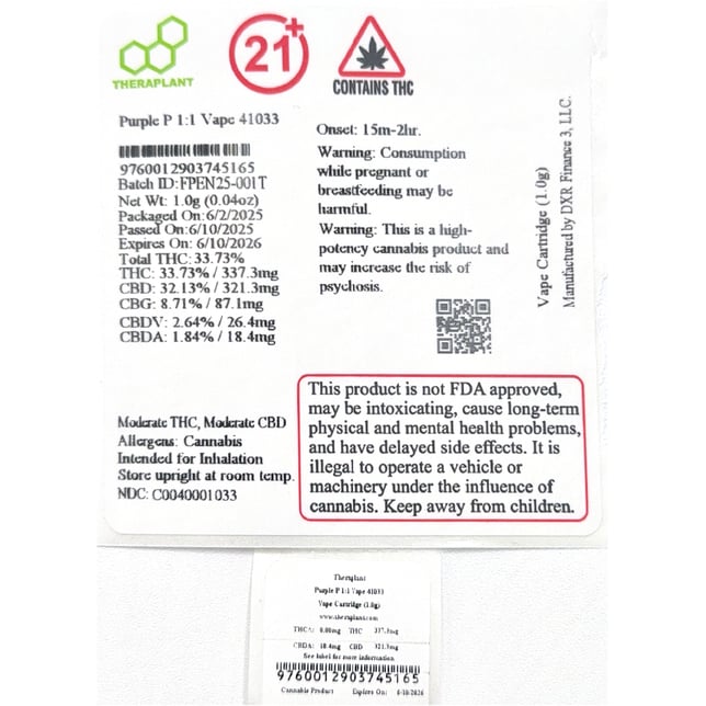 Theraplant  Purple P 1:1 Vape Cartridge  C0040001033 - Image 2