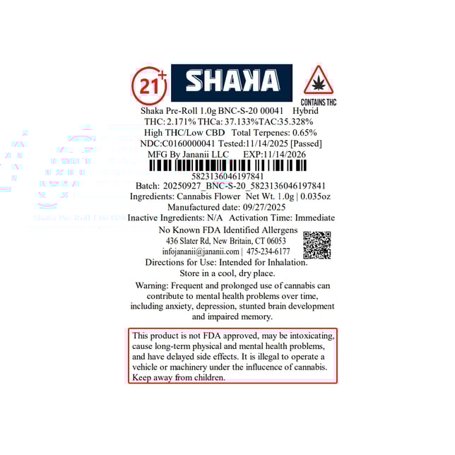 Shaka - BNC-S-20 (H) 1g Pre-Roll 1pk (1g) C0160000041 - Image 2