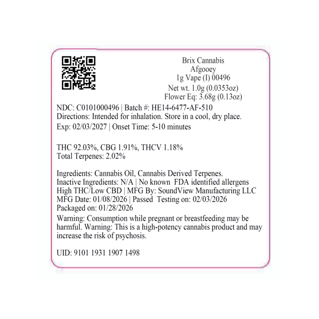 BRIX Cannabis  Afgooey (I) Vape Cartridge  C0101000496 - Image 2