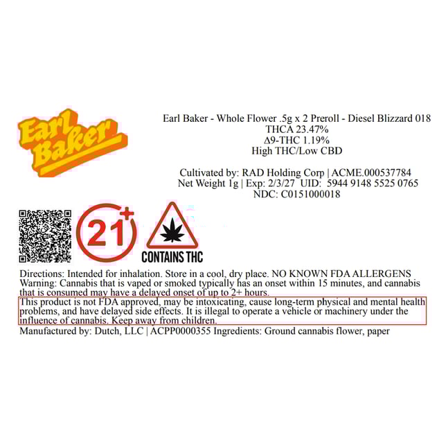 Earl Baker - Diesel Blizzard (S) 0.5g Pre-Rolls 2pk (1g) C0151000018 - Image 3