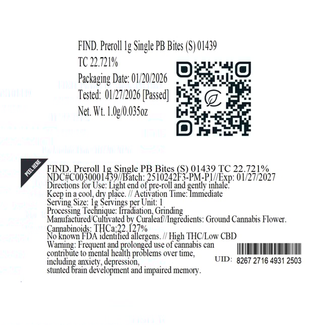 Find - PB Bites (S) 1g Pre-Roll 1pk (1g) C0030001439 - Image 2