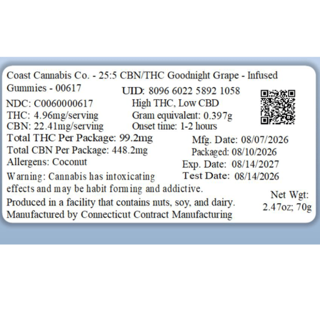 Coast Cannabis Co. - Goodnight Grape (I) Gummies (4.96mg THC 22.41mg CBN 20pk) C0060000617 - Image 2