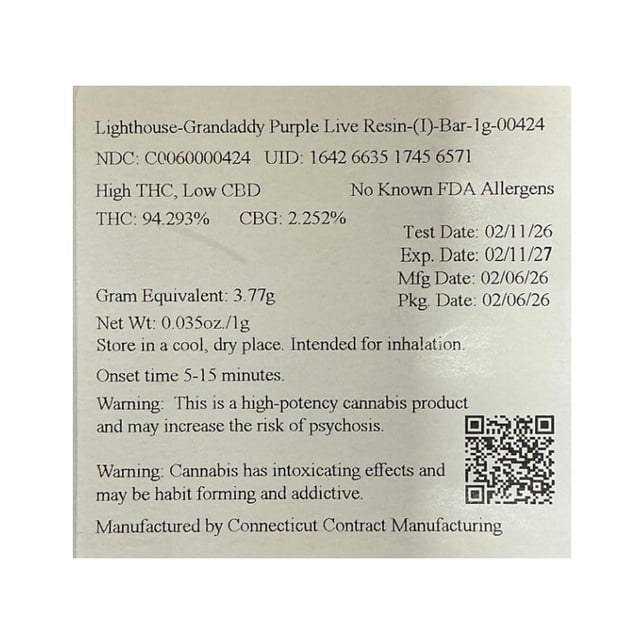 Lighthouse - Grandaddy Purple (I) Live Resin Disposable Vape (1g) C0060000424 - Image 2