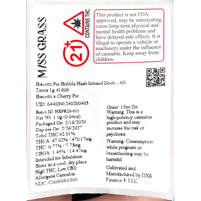 Miss Grass - Biscotti Pie (S) BH Infused Pre-Roll 1pk (1g) C0040001606 - Image 2 Miss Grass - Biscotti Pie (S) BH Infused Pre-Roll 1pk (1g) C0040001606 - Image 2