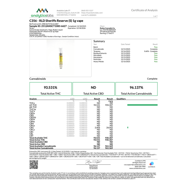 Rodeo Cannabis Sheriff's Reserve (S) Liquid Diamonds Vape Cartridge C0070000356 - Image 3 Rodeo Cannabis Sheriff's Reserve (S) Liquid Diamonds Vape Cartridge C0070000356 - Image 3
