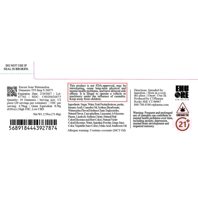 Encore - Sour Watermelon (S) Gummies (9.58mg 10pk) C0020026875 - Image 2 Encore - Sour Watermelon (S) Gummies (9.58mg 10pk) C0020026875 - Image 2