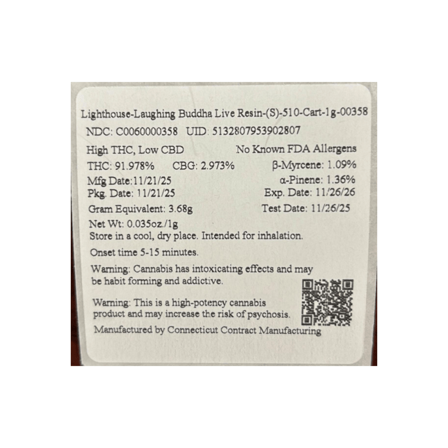 Lighthouse - Laughing Buddha (S) Live Resin Vape Cartridge (1g) C0060000358 - Image 2 Lighthouse - Laughing Buddha (S) Live Resin Vape Cartridge (1g) C0060000358 - Image 2
