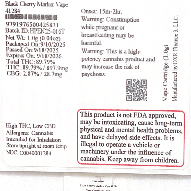 Theraplant  Black Cherry Marker (H) Vape Cartridge  C0040001284 - Image 2