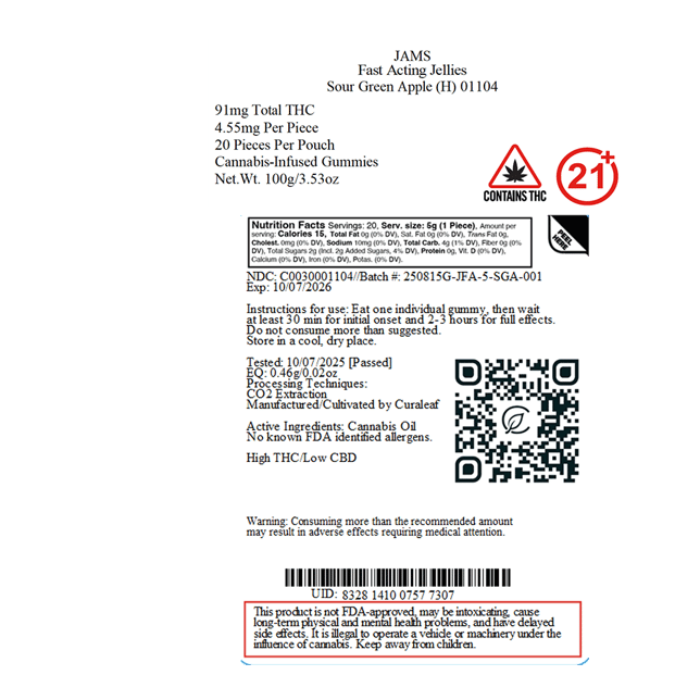 JAMS - Sour Green Apple (H) Fast Acting Jellies (4.55mg 20pk) C0030001104 - Image 2