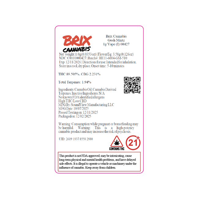BRIX Cannabis  Gush Mintz (I) Vape Cartridge  C0101000427 - Image 2