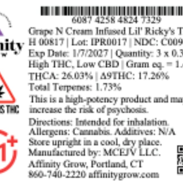 Affinity Grow - Grape N Cream (I) Infused Lil' Ricky 0.3g Pre-Rolls 3pk (0.9g) C0090000817 - Image 2