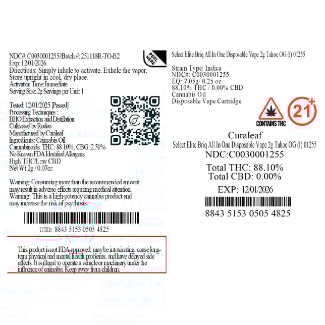 Select - Tahoe OG (I) BRIQ Disposable Vape (2g) C0030001255 - Image 5