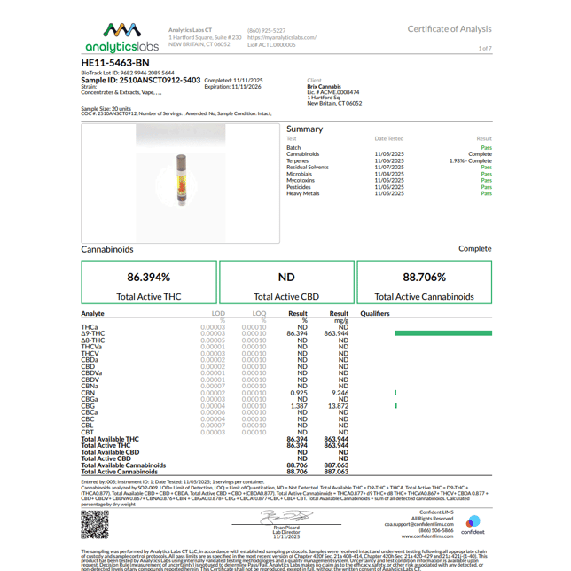 BRIX Cannabis  Blue NDZ (H) Vape Cartridge  C0101000426 - Image 3