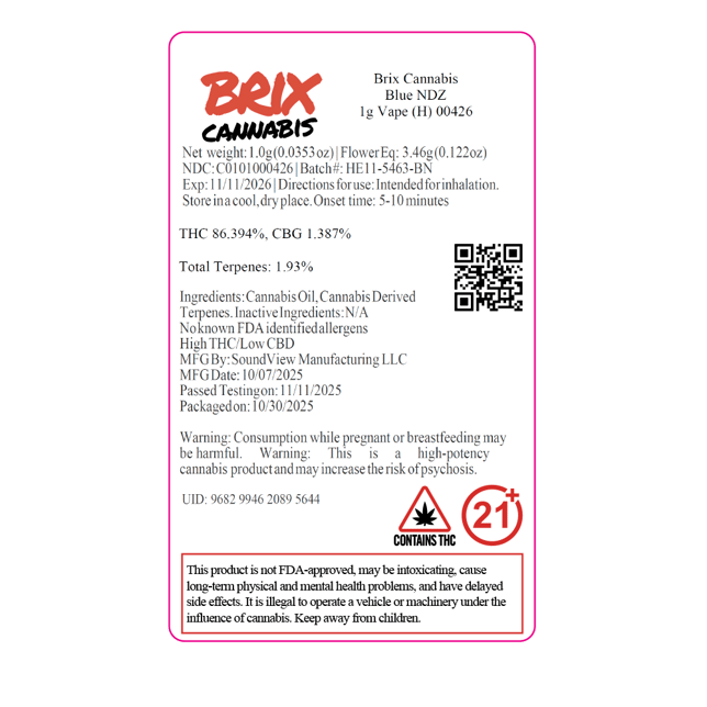 BRIX Cannabis  Blue NDZ (H) Vape Cartridge  C0101000426 - Image 2