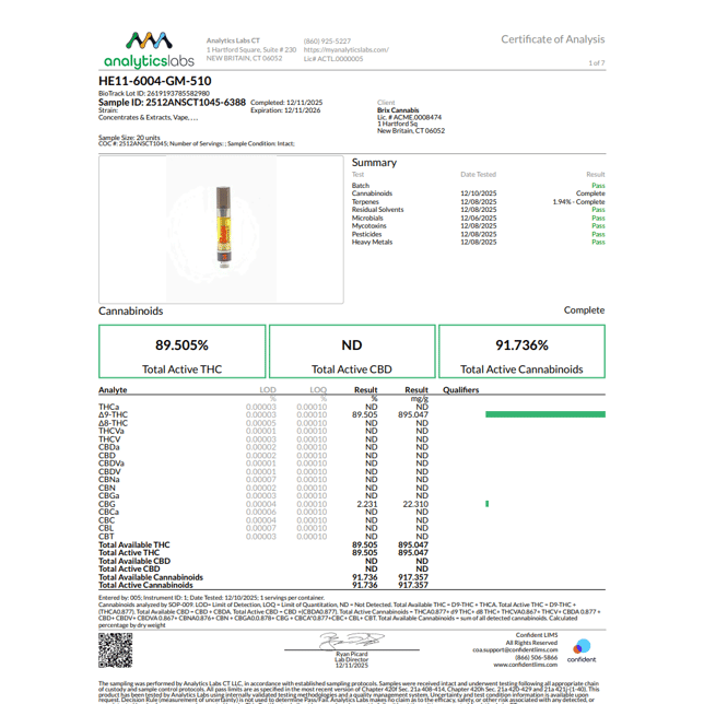 BRIX Cannabis  Gush Mintz (I) Vape Cartridge  C0101000427 - Image 3