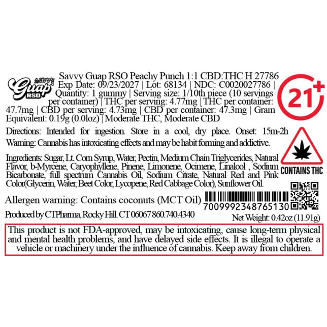 Savvy - Peachy Punch (H) Guap RSO Gummies (4.77mg THC 4.73mg CBD 10pk) C0020027786 - Image 2