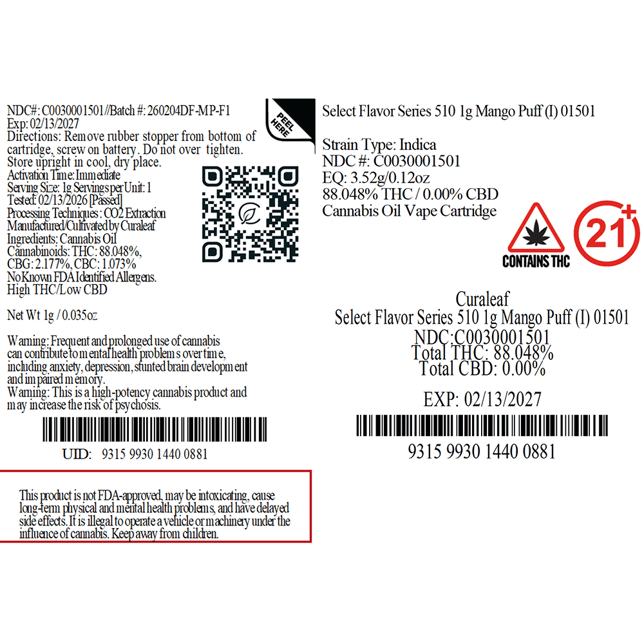 Select  Mango Puff (I) Vape Cartridge  C0030001501 - Image 2