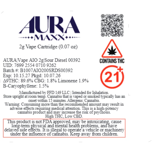 AURA - Sour Diesel (H) MAXX Disposable Vape (2g) C0140000392 - Image 2
