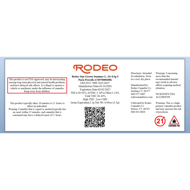 Rodeo Cannabis - Summer L. (S) 0.5g Pre-Rolls 5pk (2.5g) C0070000408 - Image 2