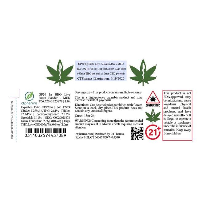 CTPharma  GP20 (H) BHO Live Resin Badder  C0020025878 *NP - Image 2