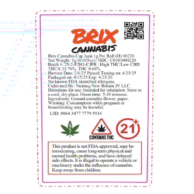 BRIX Cannabis - Cap Junk (H) 1g Pre-Roll 1pk (1g) C0101000220 - Image 2