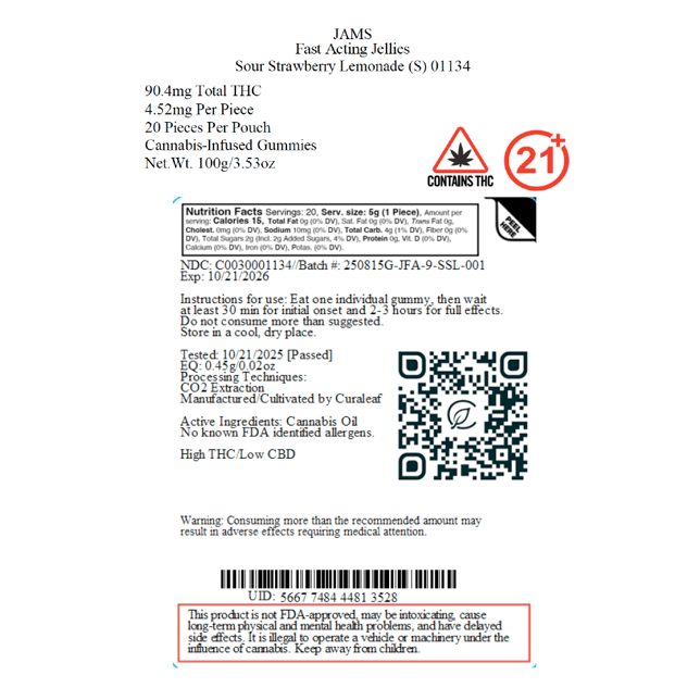 JAMS - Sour Strawberry Lemonade (S) Fast Acting Jellies (4.52mg 20pk) C0030001134 - Image 2