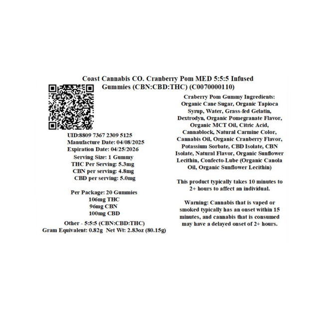 Coast Cannabis Co. - Cranberry Pom THC:CBD:CBN (I) Gummies (5.3mg THC 5mg CBD 4.8mg CBN 20pk) C0070000110 - Image 2