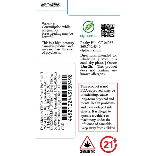 CTPharma - Dos Mendos (H) THCA Infused Pre-Roll 1pk (1g) C0020026554 - Image 2 CTPharma - Dos Mendos (H) THCA Infused Pre-Roll 1pk (1g) C0020026554 - Image 2