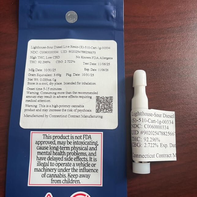 Lighthouse - Sour Diesel (S) Live Resin Vape Cartridge (1g) C0060000334 - Image 2