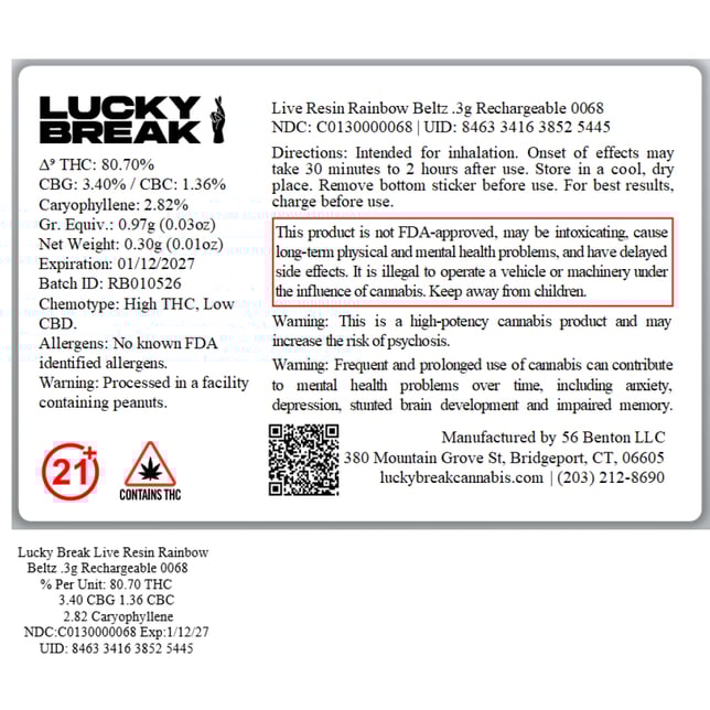 Lucky Break - Rainbow Beltz (H) Live Resin Disposable Vape (0.3g) C0130000068 - Image 2