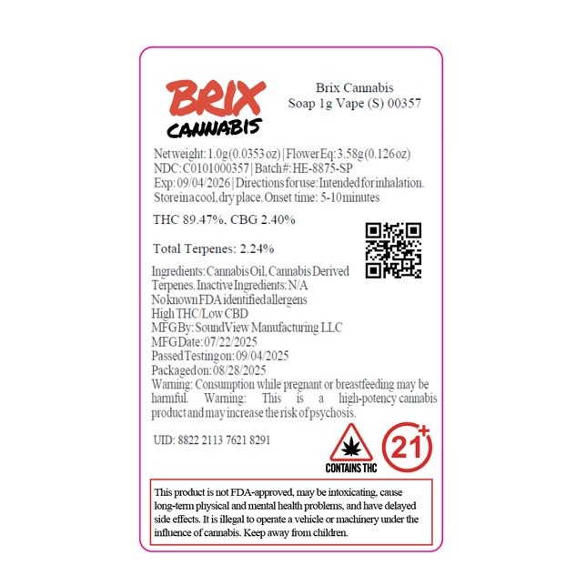 BRIX Cannabis  Soap (S) Vape Cartridge  C0101000357 - Image 2